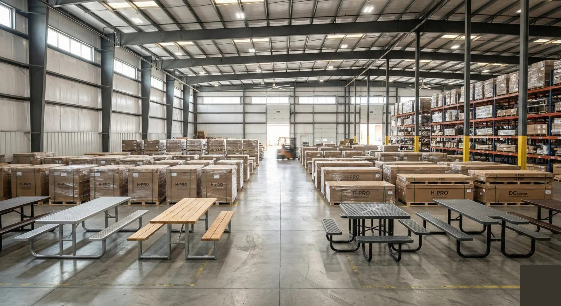 DC Export warehouse with H-Pro picnic tables and branded shipping crates